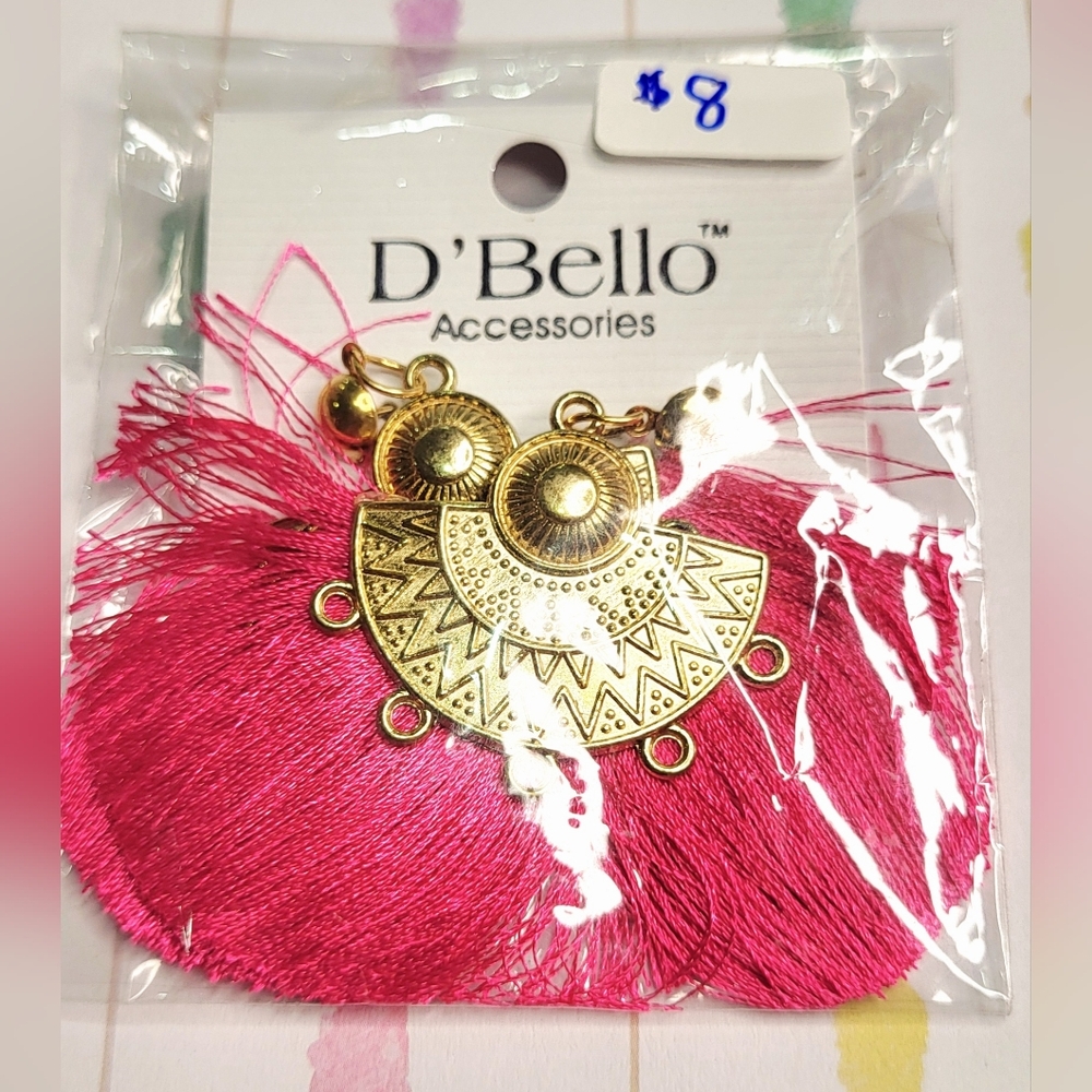 Gold Accent and Pink Fringe Earrings